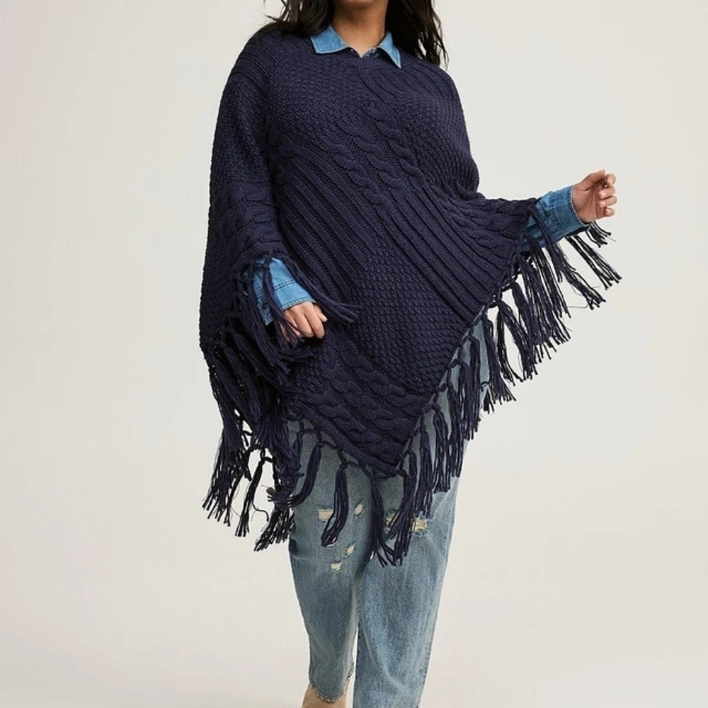 New Torrid Navy Blue Fringe Cable Knit Poncho